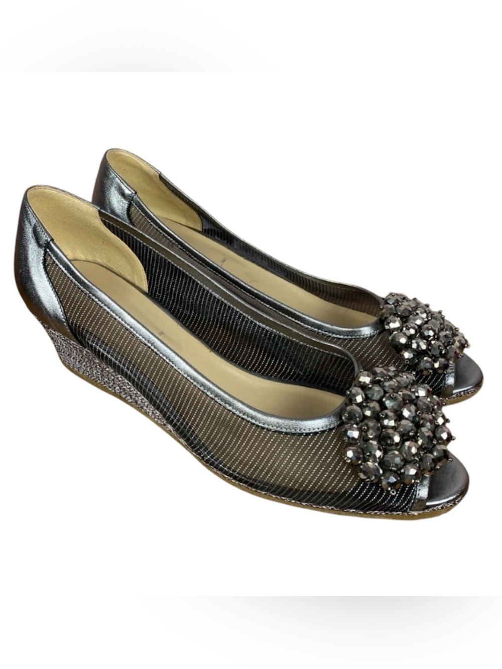 Ron White Embellished Metallic Silver Sparkle Peep-Toe Wedge Formal Shoes Sz 9